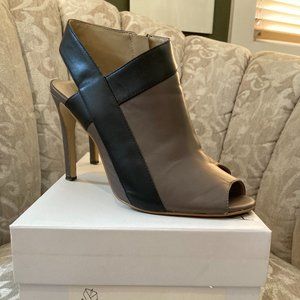 Ann Taylor Cara Criss-Cross Peeptoe Leather Booties, Brown/Soft Fawn & Black, 8